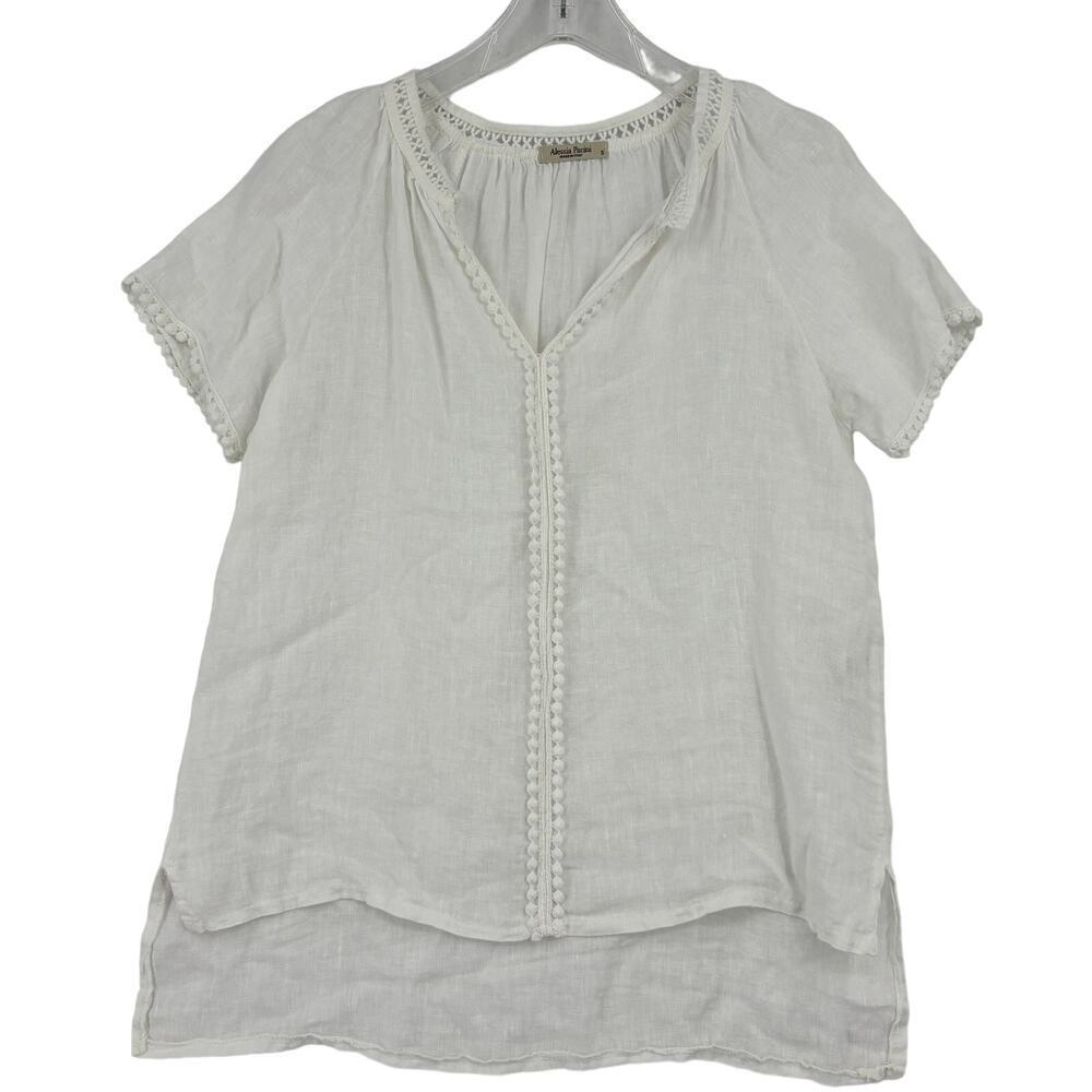 Alessia Pacini Italy‎ White Linen Blouse Pom Pom Lace Trim Women's Size S
